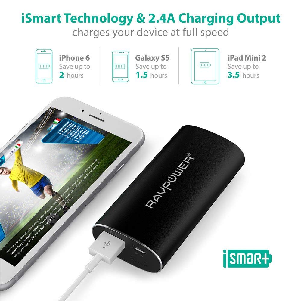6700mAh Aluminum Power Bank By Ravpower with iSmart Technology | Black