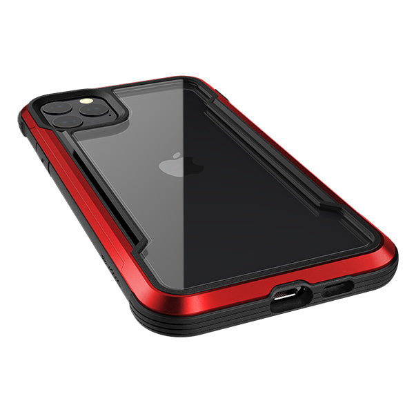 Red XDoria Defense Shield case for iPhone 11 Pro with anti-shock protection up to 3 meters, showing the sturdy back design.