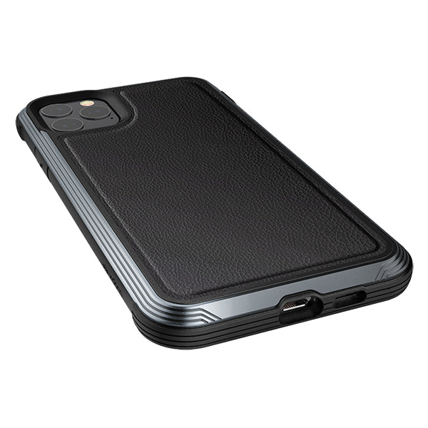 XDoria Defense Lux iPhone 11 Pro leather case with anti-shock protection up to 3 meters, showcasing sleek black leather exterior.