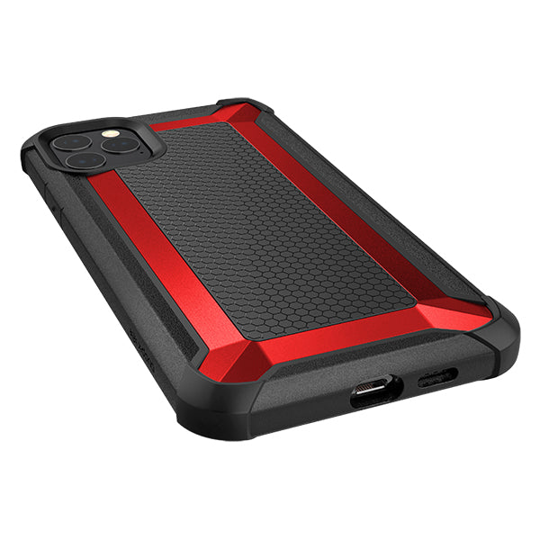 Black and red Defense Tactical case by Xdoria for iPhone 11 Pro Max, showcasing anti-shock protection and rugged design.