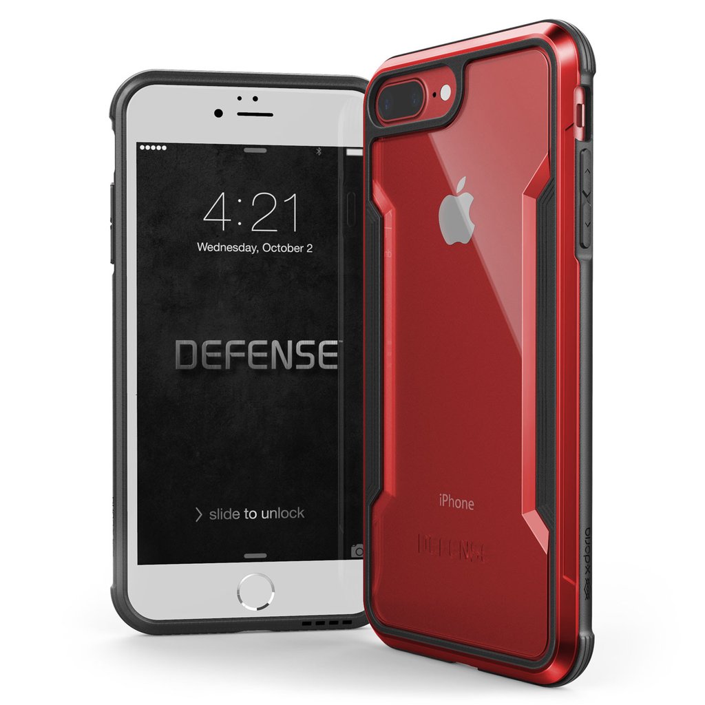 X-Doria Defense Shield anti-shock case in red for iPhone 8 Plus and 7 Plus, showcasing protective design and durability.