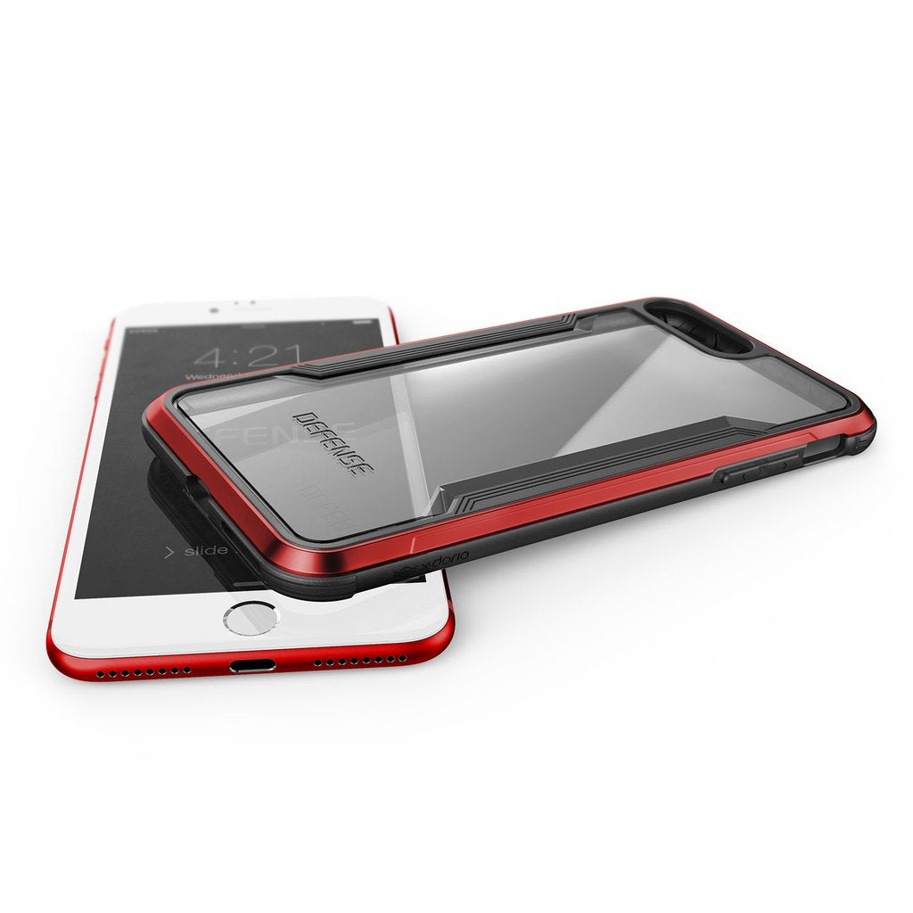 X-Doria Defense Shield anti-shock case in red for iPhone 7 Plus and 8 Plus, showcasing durable protection design.