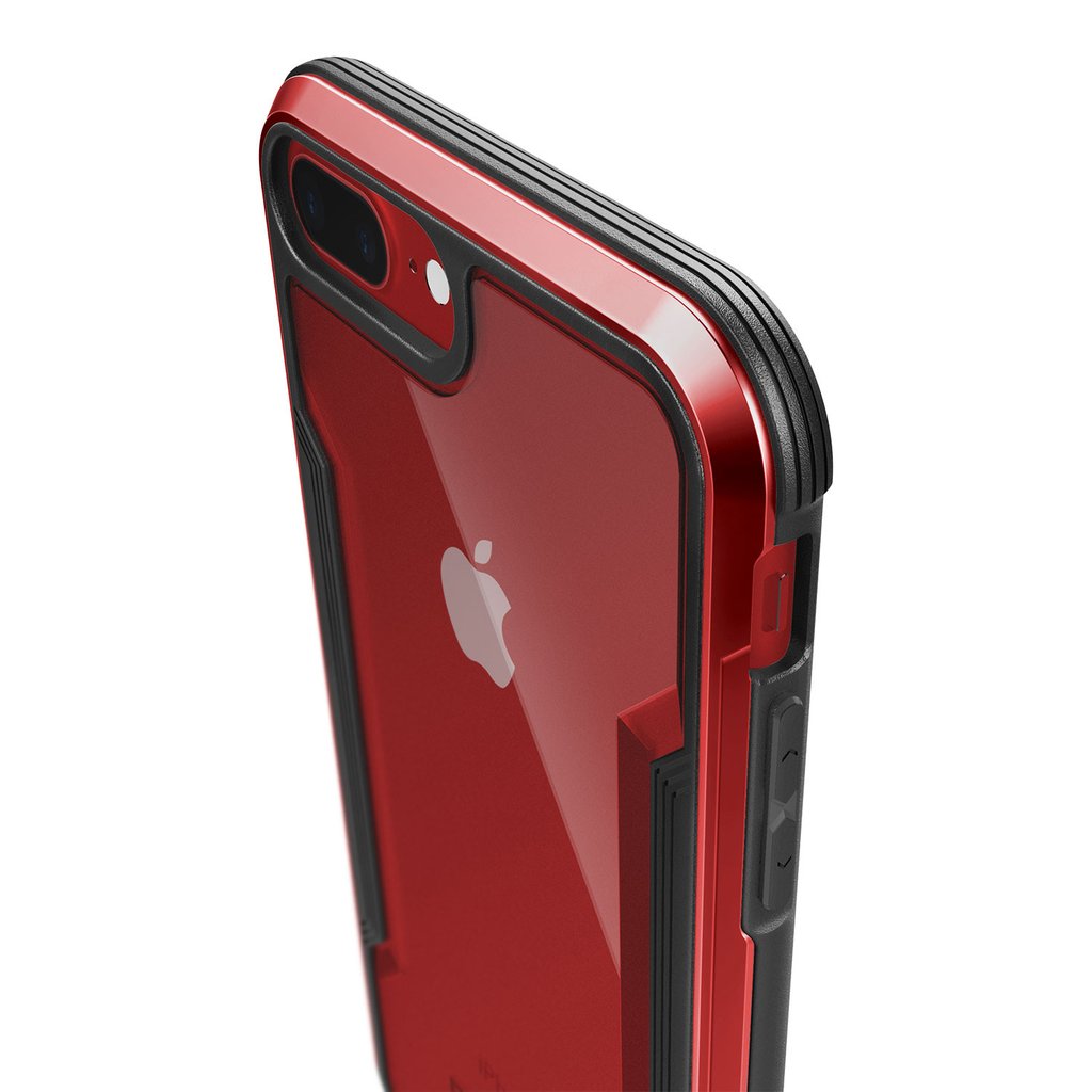 X-Doria Defense Shield anti-shock case in red for iPhone 8 Plus and 7 Plus, showcasing durable protection up to 3M.