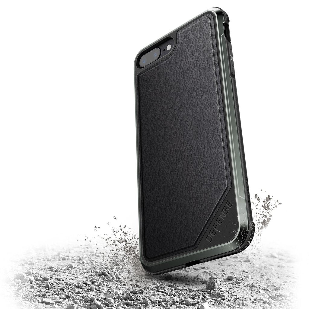 Black Defense Lux Leather case by X-Doria for iPhone 8 Plus and 7 Plus, featuring anti-shock protection and premium leather finish.
