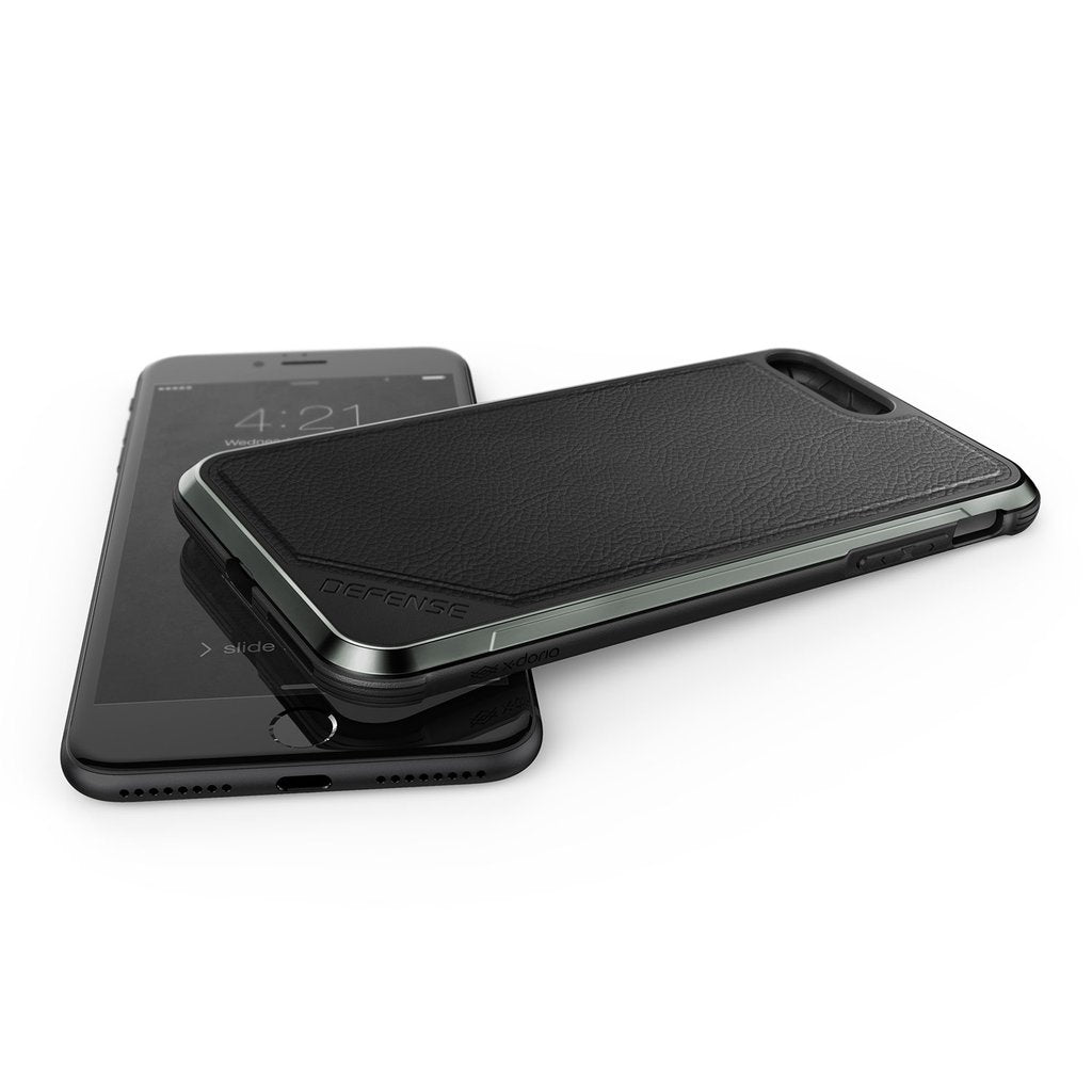Black Defense Lux Leather anti-shock case by X-Doria for iPhone 7 Plus and 8 Plus, featuring premium leather finish.