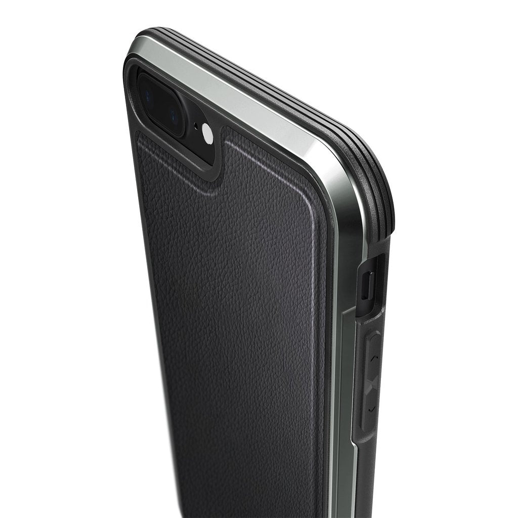 X-Doria Defense Lux leather anti-shock case in black for iPhone 7 Plus and 8 Plus, with reinforced edges and sleek design.