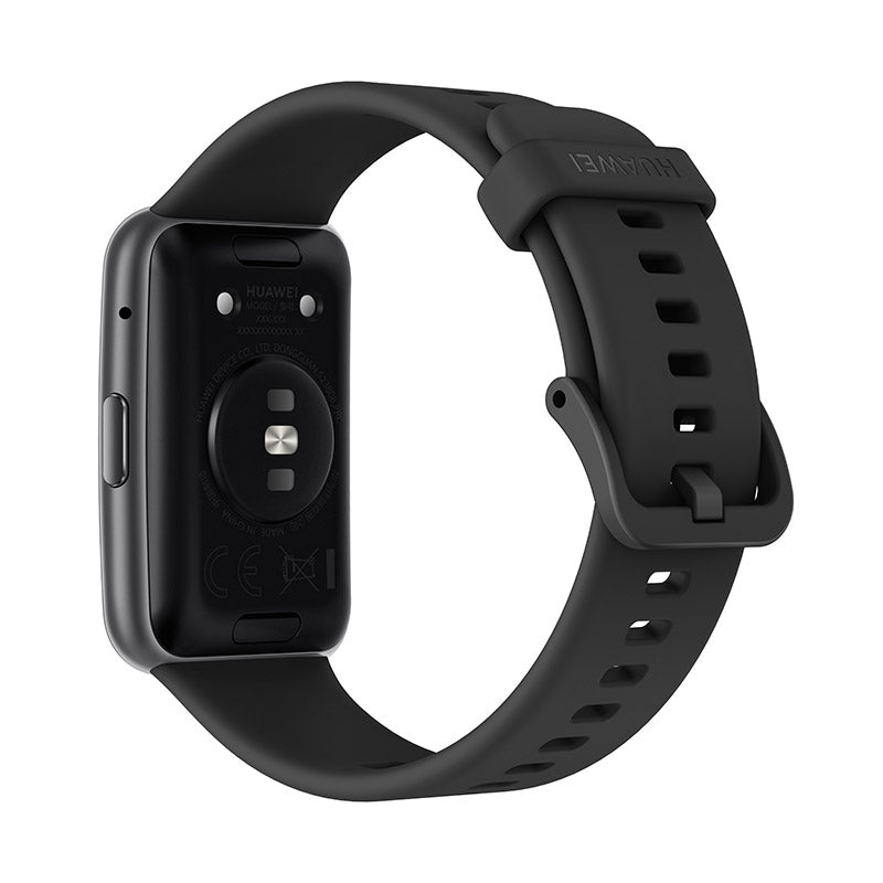 Huawei Watch Fit in black, featuring SpO2 and heart rate monitor, showcasing sleek design and vibrant display.