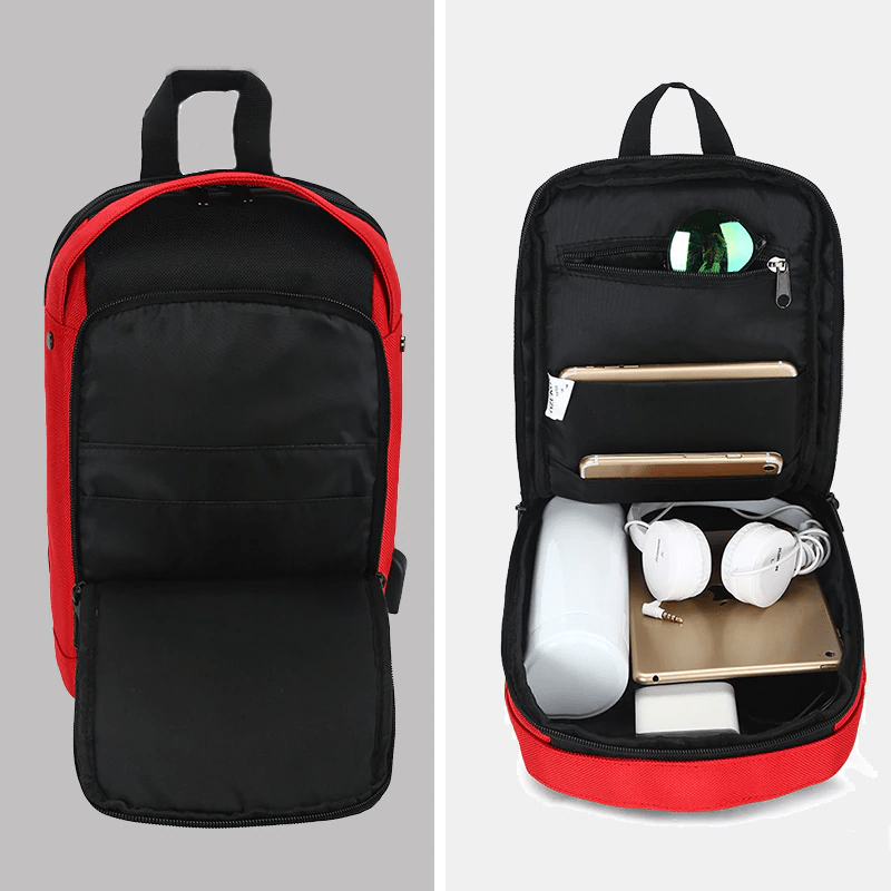 Ozuko Slingbag Crossbody Bag, Waterproof With USB - Black/Red