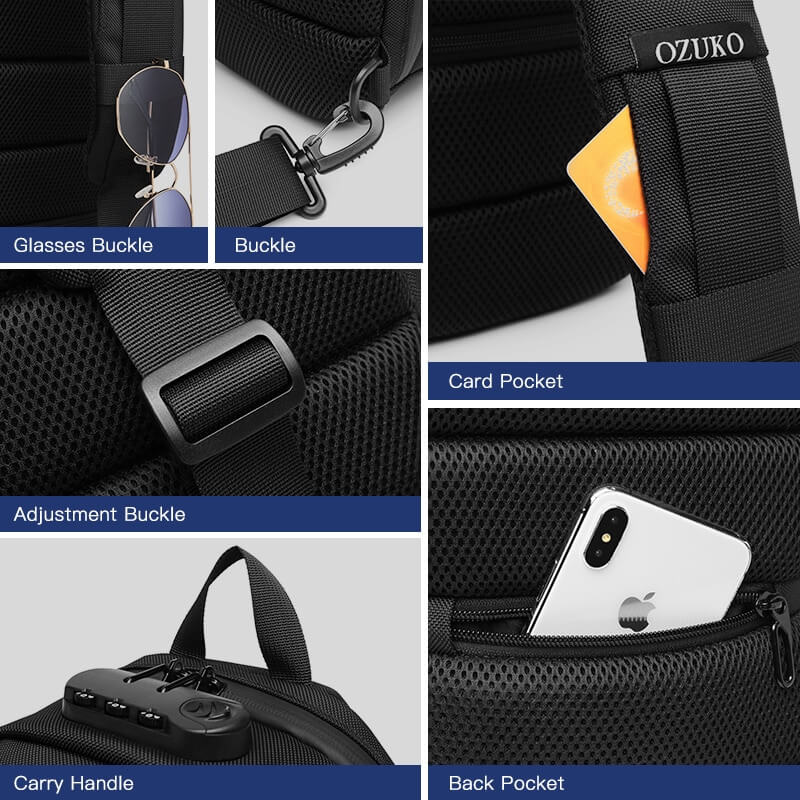 Ozuko Cross Bag, Anti Shocks &amp; Waterproof With USB - Black