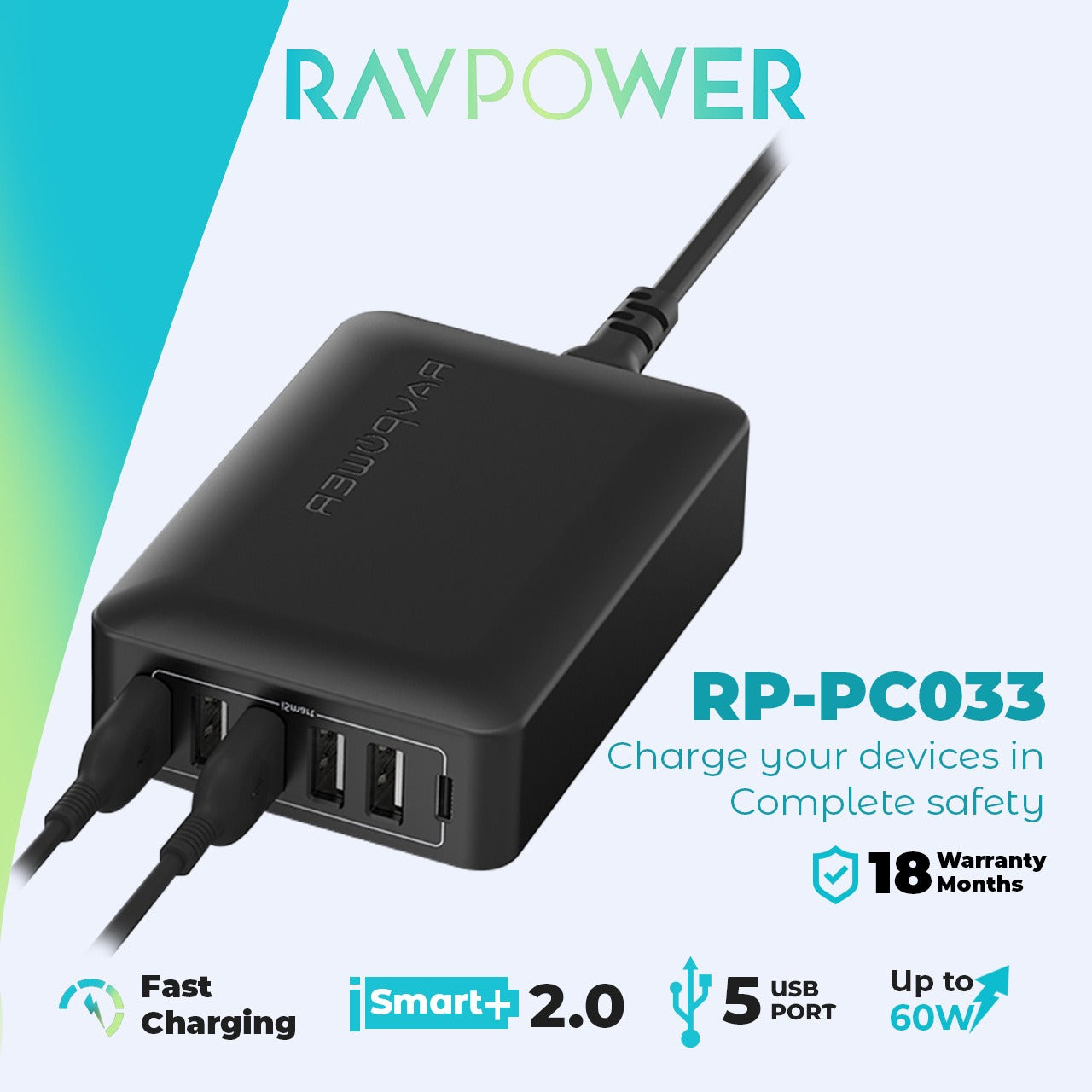 Ravpower RP-PC033 60W 6-Port Desktop Charging Station Black