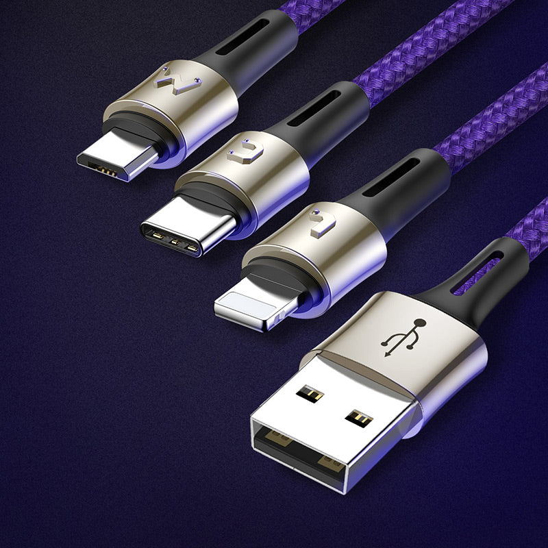 Smartkoshk Caring 3-in-1 nylon USB cable with zinc alloy connectors for Micro, iPhone, and Type-C devices, durable and resistant to cuts.