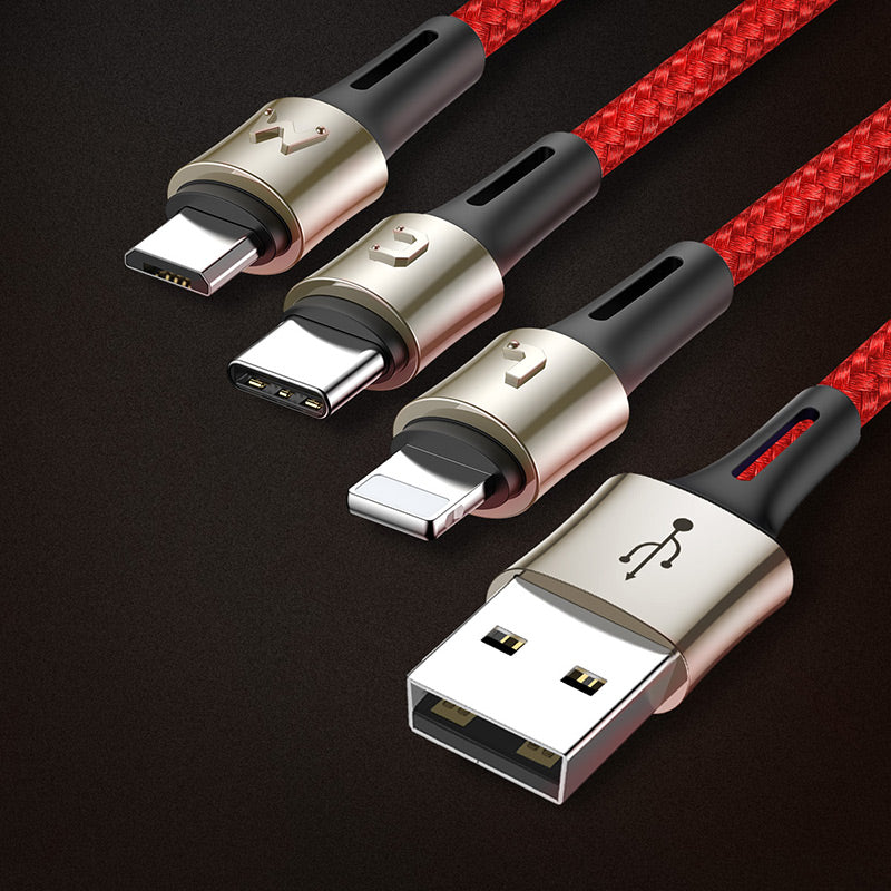 Baseus Caring Nylon Anti cut Cable 1-in-3 ( iPhone – Type C – Micro ) Red