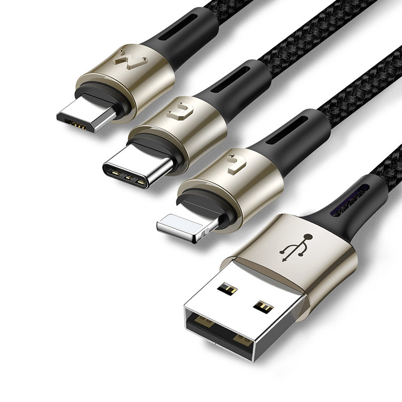 Baseus Caring Nylon Anti cut Cable 1-in-3 ( iPhone – Type C – Micro ) Black