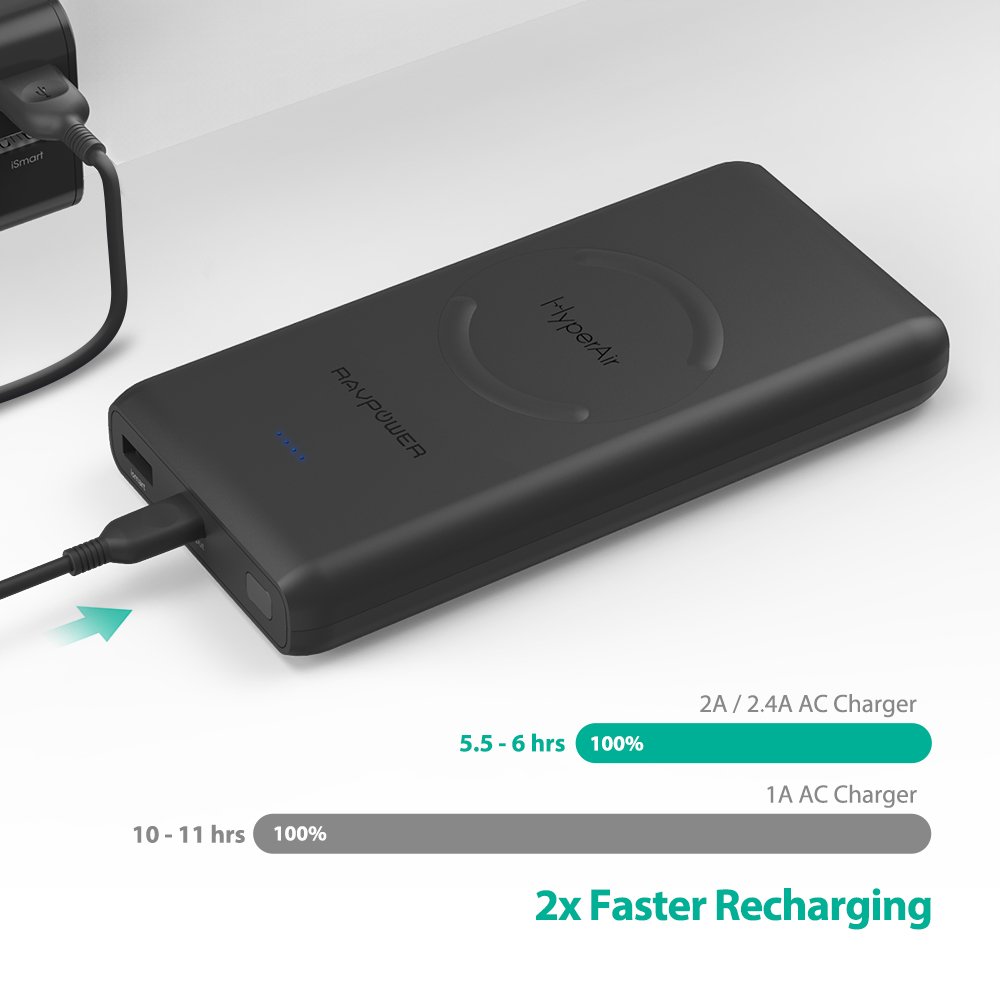 10400mAh Qi Wireless Power Bank By Ravpower Fast Wireless charging 10W with iSmart Technology