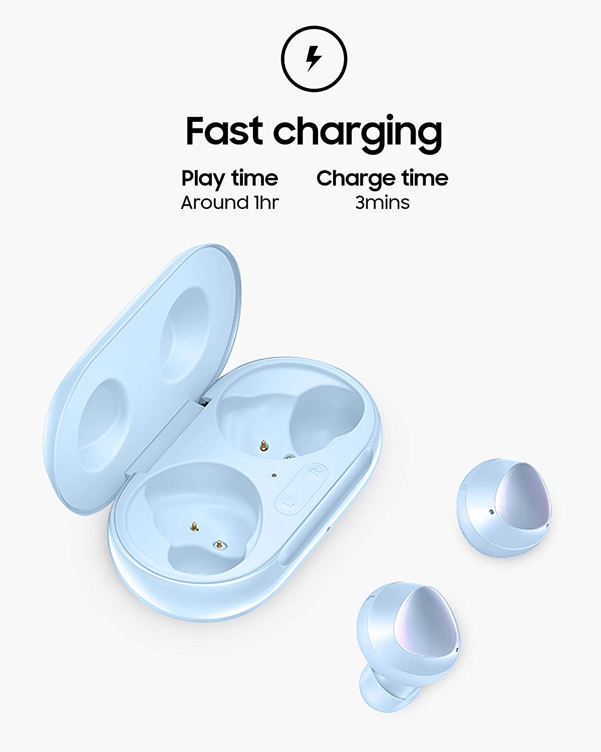 Samsung Galaxy Buds Plus by AKG with charging box in blue, showing the wireless earbuds and sleek charging case.