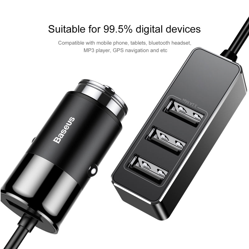 Baseus Enjoy Together black car charger with 4 USB ports and 5.5A output, designed for convenient charging on the go.