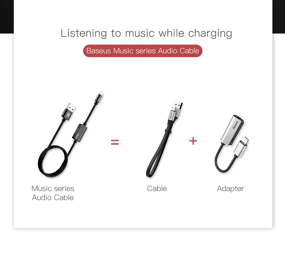 Baseus 2-in-1 iPhone charging and music adapter with lightning port and audio jack, shown connected to an iPhone.
