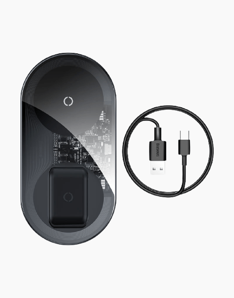 Baseus Simple 2in1 Wireless Charger Pro Edition with transparent design, suitable for phones and AirPods.