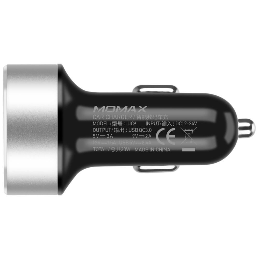 Smartkoshk UC9 Momax dual car charger with QC3.0 fast charging technology in black, shown plugged into a vehicle's cigarette lighter.