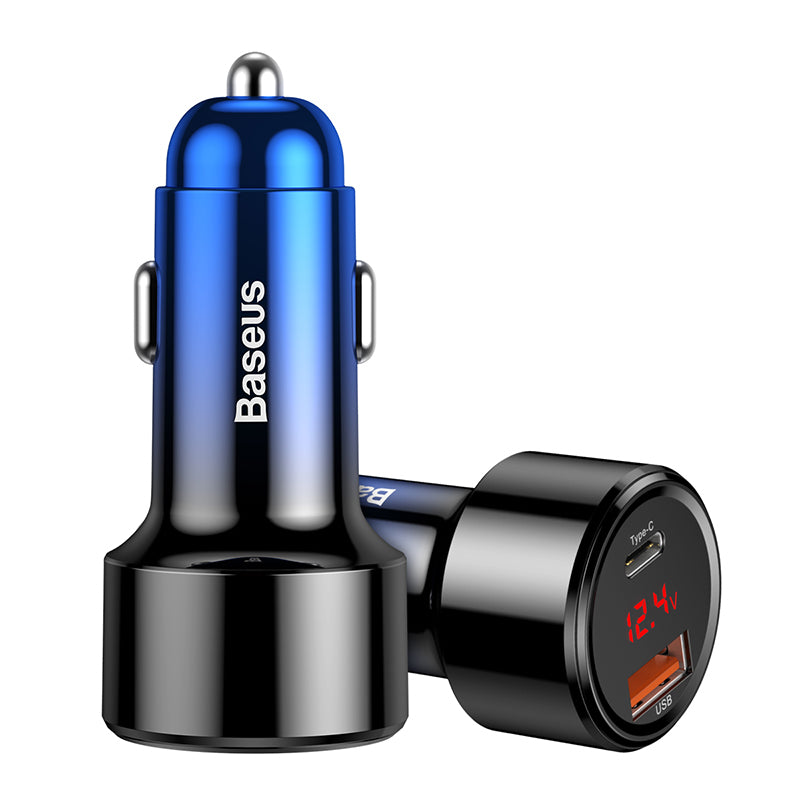 Magic PPS شاحن سيارة ميتال بشاشة ديجيتال 45W بمخرجين USB + PD ازرق تدريجى