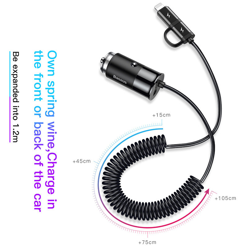 Baseus Enjoy Together 2-in-1 Car Charger &amp; Cable for iP/USB-C - Black