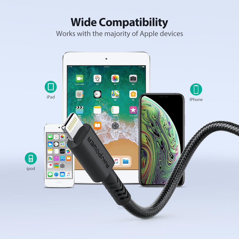 Ravpower Rp-CB042 2m MFI cable, anti-cut design, compatible with iPhone, showcasing durable connector and flexible body.