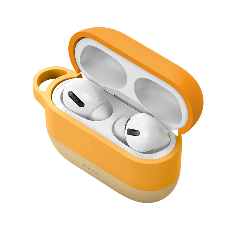 Baseus Cloud hook silicone gel protective case for AirPods Pro in orange, showing the textured, flexible material and secure fit.