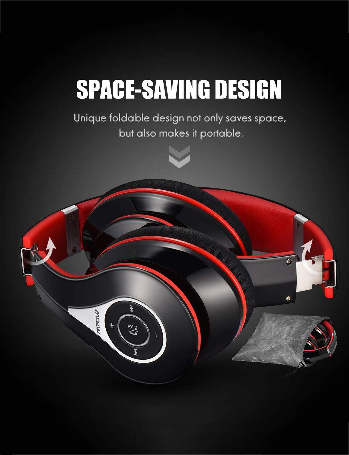 Mpow 059 Stereo HiFi Wireless Headphone With Mic, 20H Play Black/Red