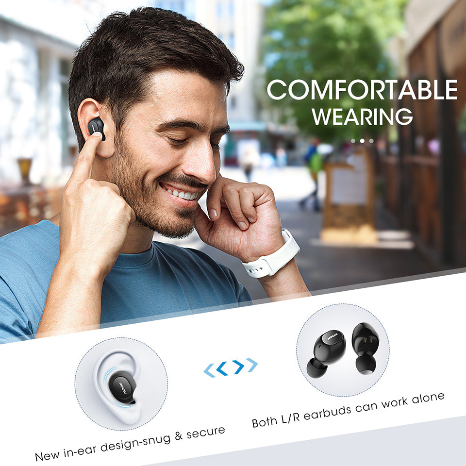 Mpow M5 TWS wireless earbuds by Smartkoshk in black, showcasing the compact design, waterproof IPX7, and charging case.