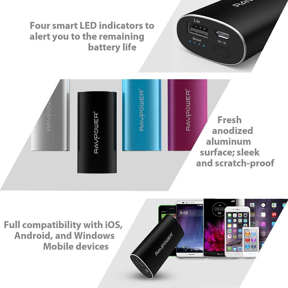 6700mAh Aluminum Power Bank By Ravpower with iSmart Technology | Black