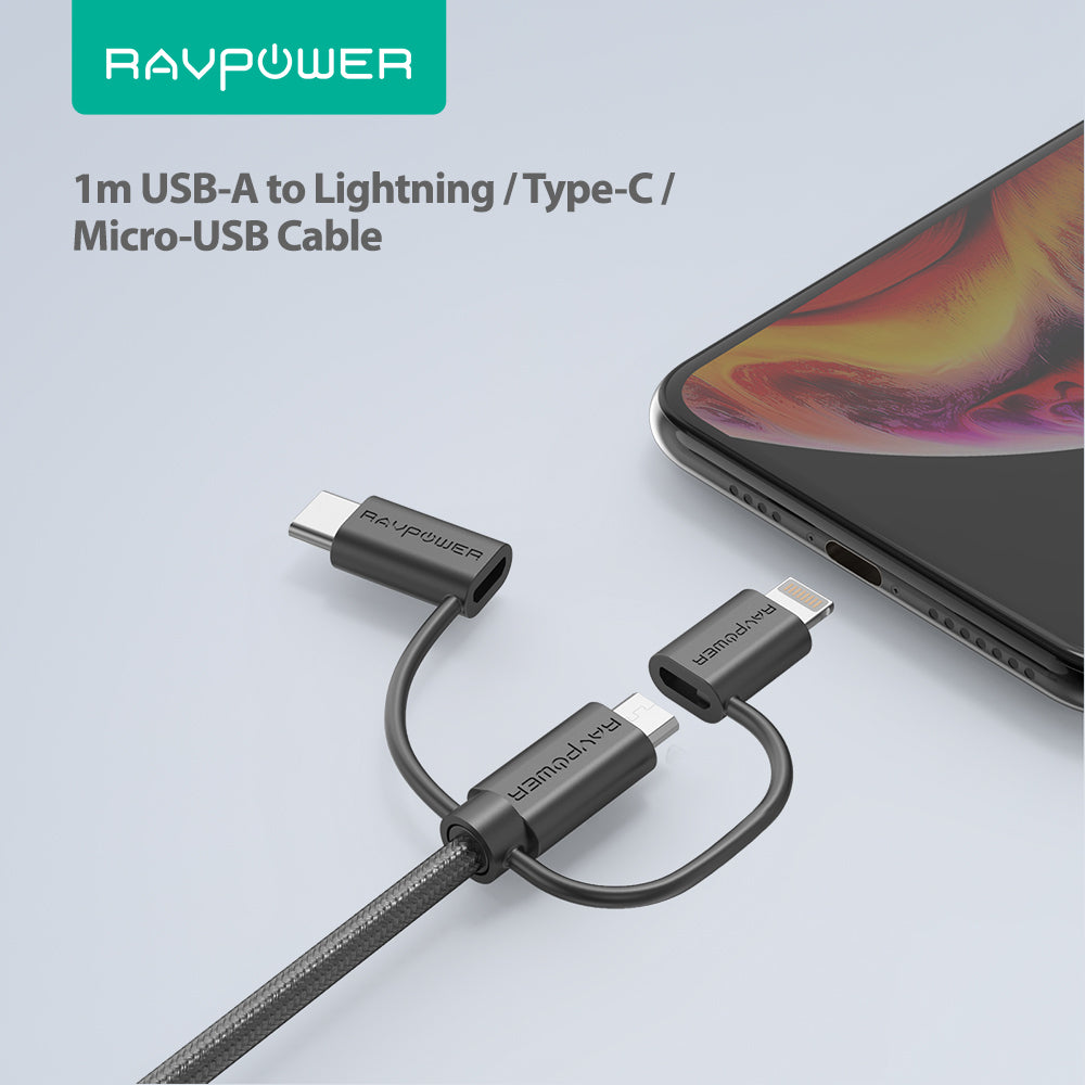 Ravpower RP-CB021 3*1 [ USB C - Micro - iP ] Cable Anti Cut - Black