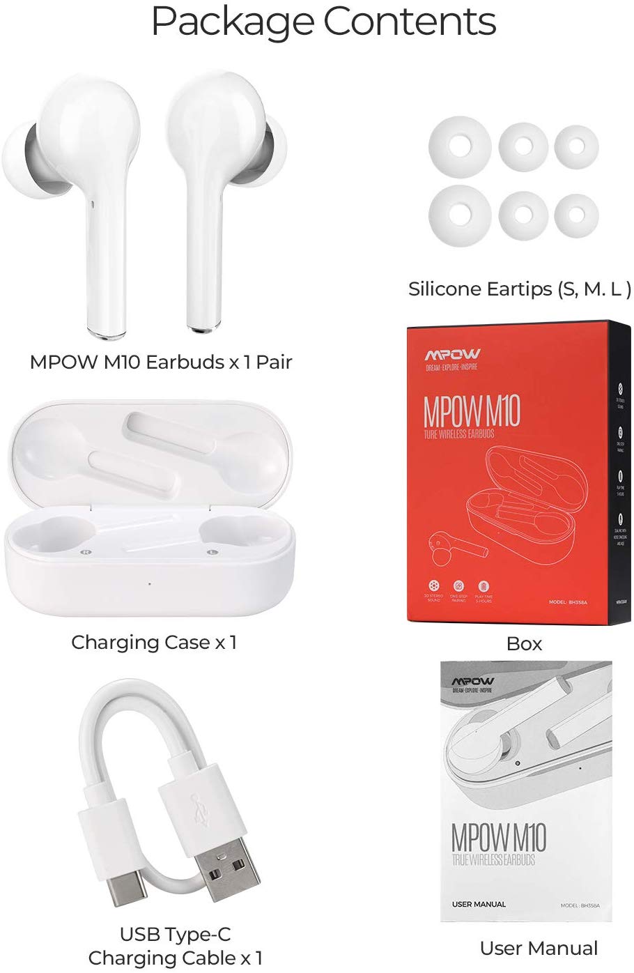 White Mpow M10 TWS in-ear earbuds with detection sensor, 4 microphones, IPX5 waterproof, up to 6 hours of playback.