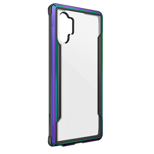 Iridescent Defense Shield by Xdoria for Samsung Galaxy Note 10+ with anti-shock protection up to 3m, shown on a smartphone.