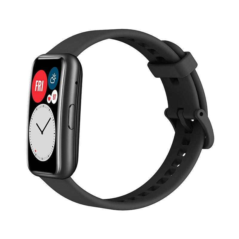 Huawei Watch Fit in black, featuring SpO2 and heart rate monitor with a sleek display and adjustable strap.