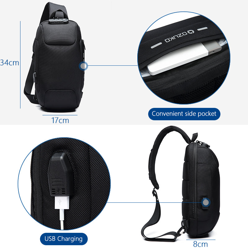 Ozuko Crossbody Bag, Anti-theft With USB - Gray