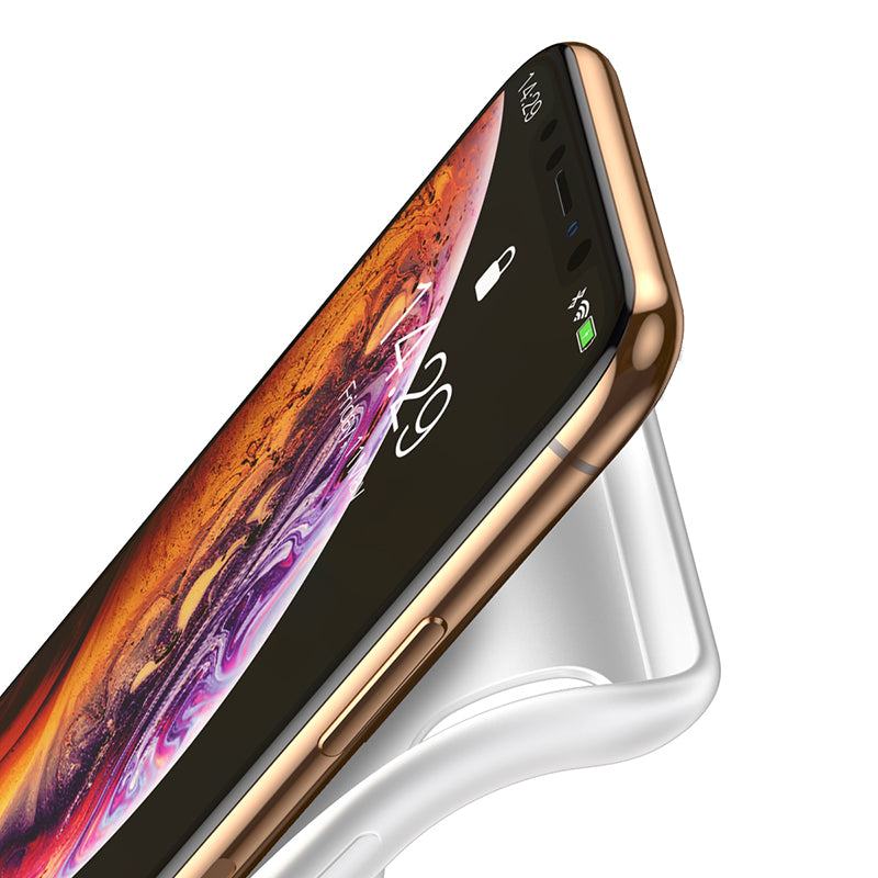 White Baseus Liquid Silicone Smart Power Case with 4200mAh battery for iPhone XS Max 6.5-inch, shown on a smartphone.