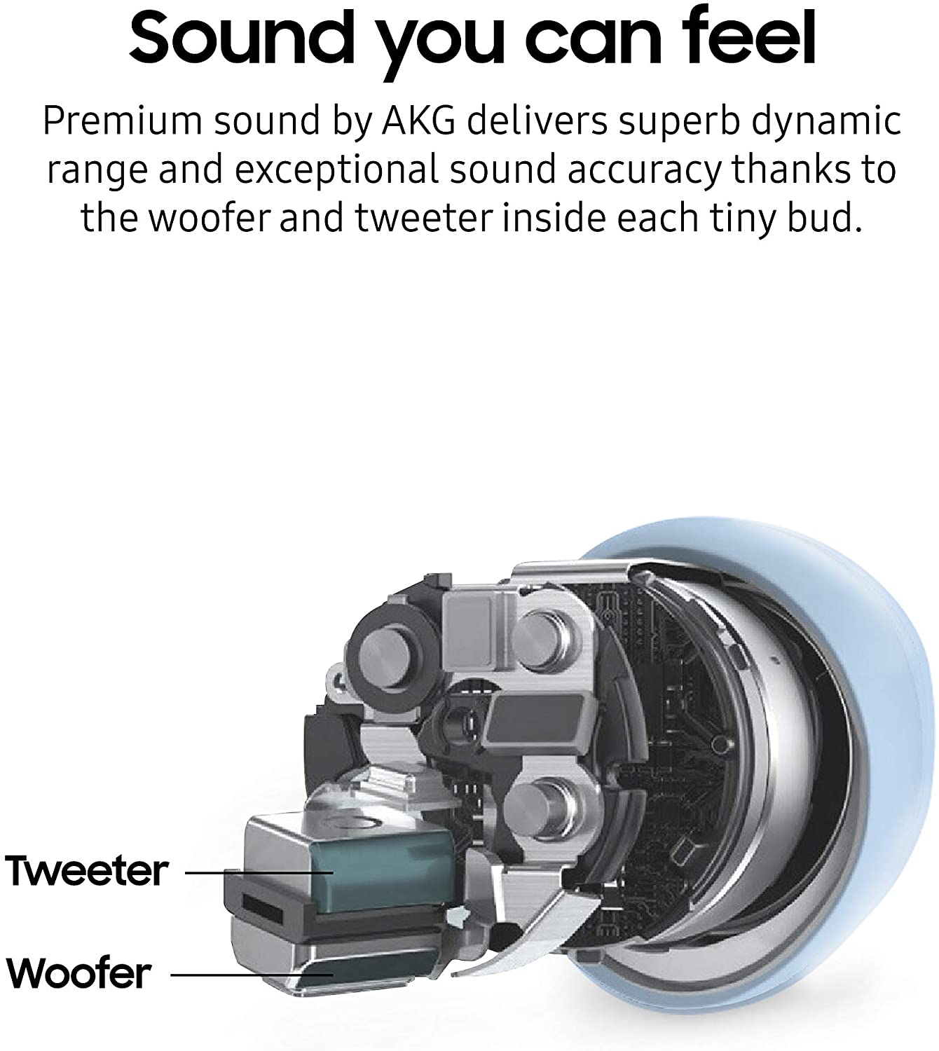 Samsung Galaxy Buds Plus by AKG in blue with charging case, wireless earbuds showing ear tips and charging port.