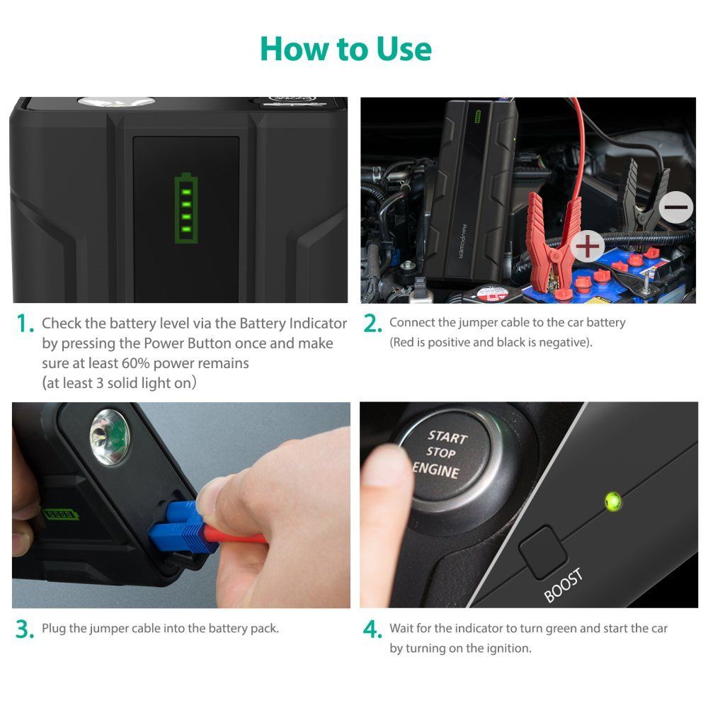 Car Jump Starter By Ravpower 1000A Peak Current Quick Charge 3.0 12V 14000mAh with LED Flashlight
