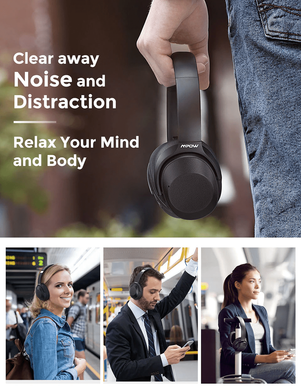 Mpow H12 Hybrid Active Noise Cancelling Headphones Long Battery 30H Black Leather