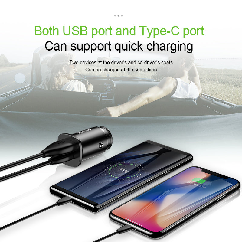 Square من باسيوس شاحن سيارة ميتال بمخرجين USB 30 وات + Type C PD سيلفر