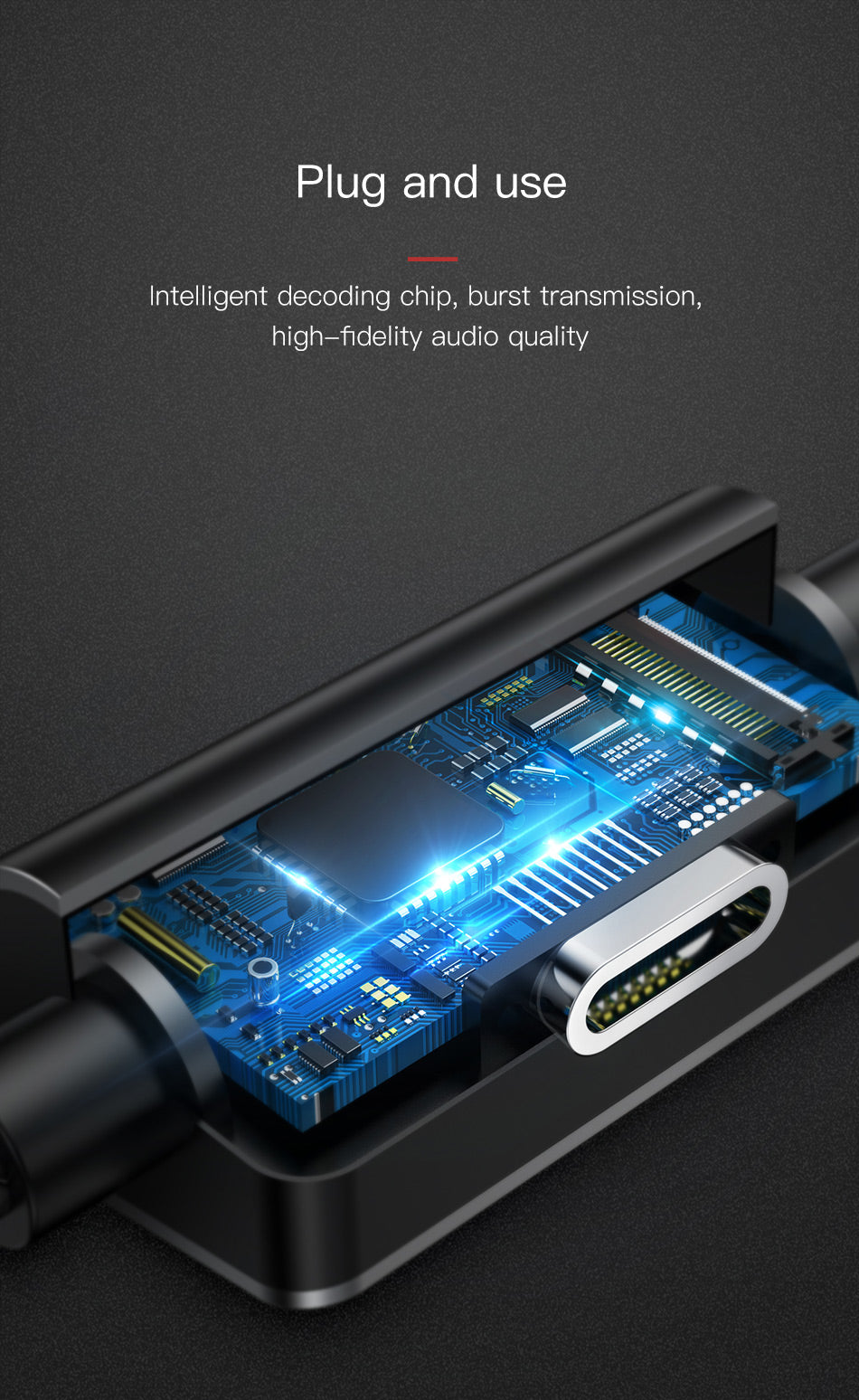 Baseus 2-in-1 iPhone charging and music listening adapter showing connected USB-C and headphone ports.