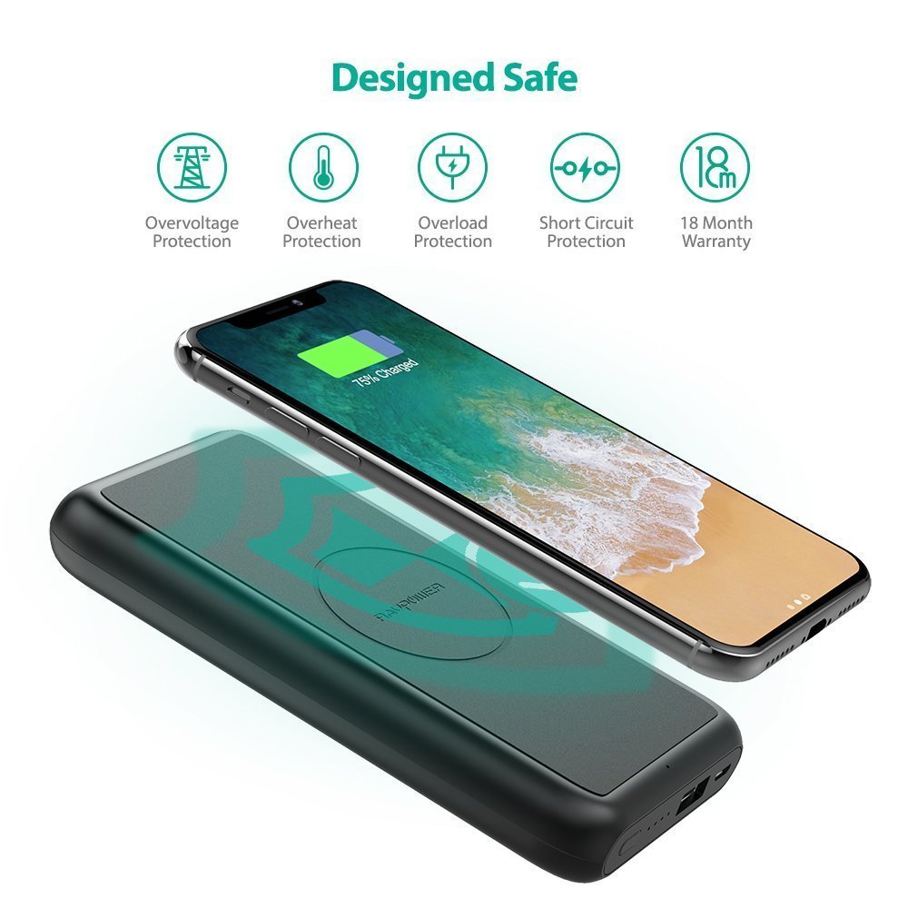 10000mAh Qi Wireless Power Bank By Ravpower Wireless charging 5W with iSmart Technology