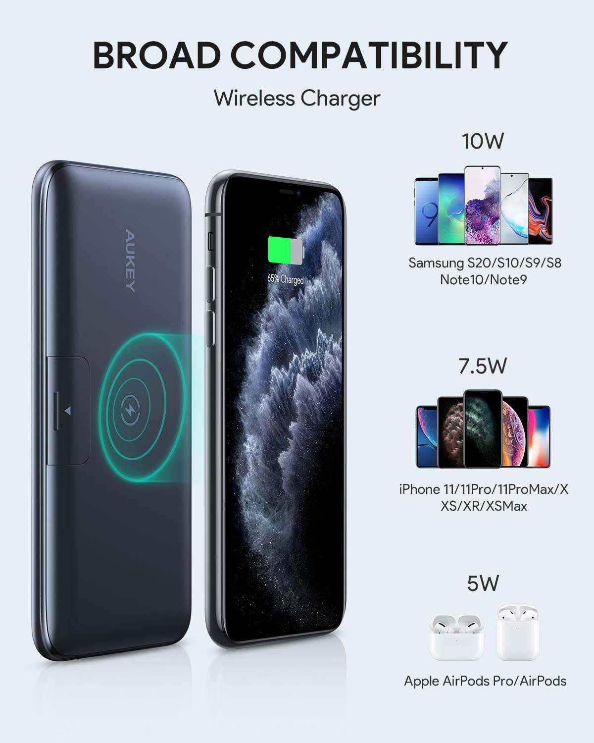 Aukey 10,000mAh Portable Wireless Power Bank, PD and QC3.0 - Black