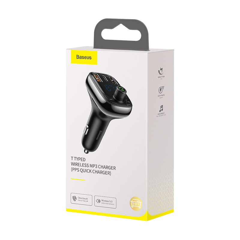 Baseus T typed Car Charger, Mic, FM, BT v5.0, MP3 Player, QC3.0 + PD