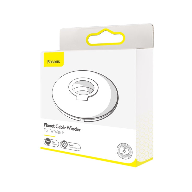 White Baseus Planet Cable Winder for Apple Watch, compact accessory for organizing and protecting Apple Watch charging cables.