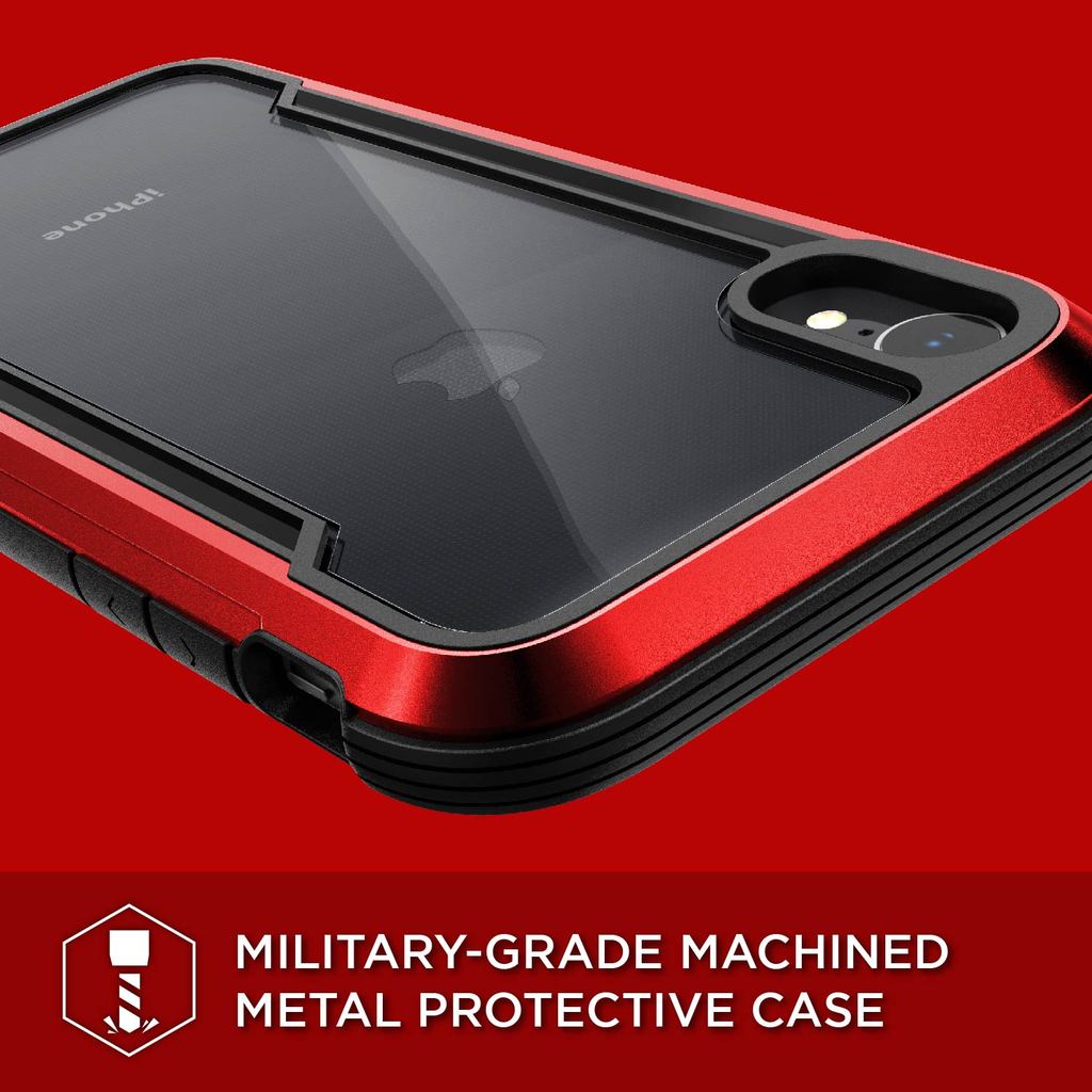 X-Doria Defense Shield case for iPhone Xr in red, showcasing its durable design and anti-shock features.