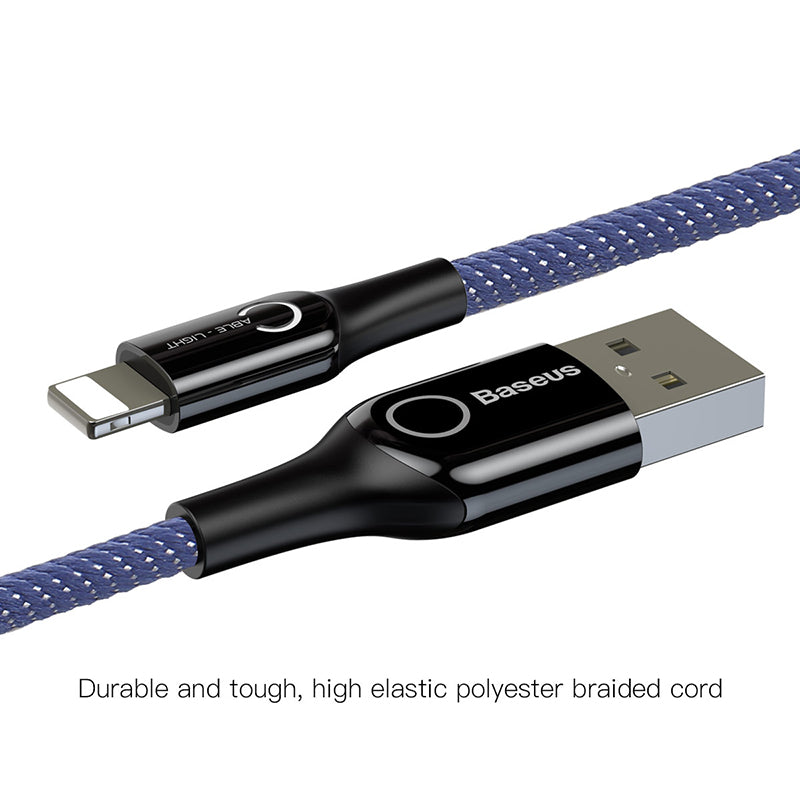 Blue C-shaped Smartkoshk iPhone charging cable with automatic stop feature, illuminated design, and sleek shape for easy use.