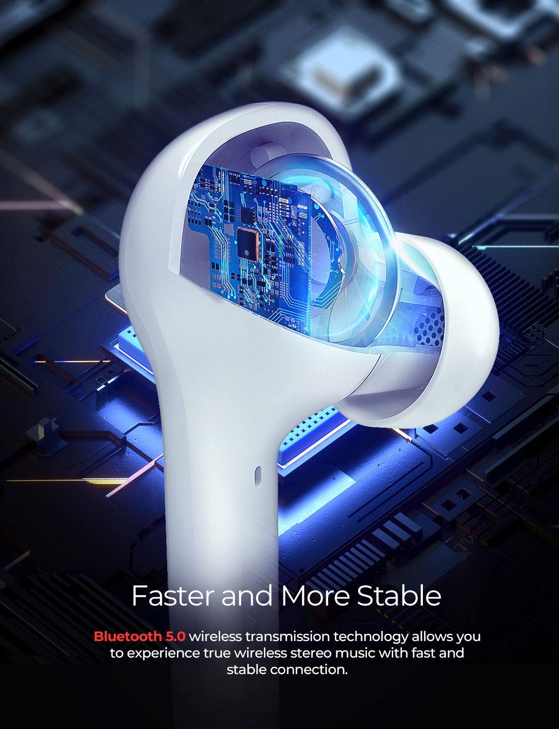 White Mpow M10 TWS in-ear earbuds with detection sensors, four microphones, IPX5 water resistance, and up to 6 hours of playback.