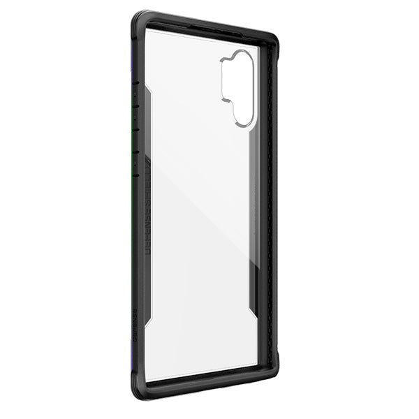 Iridescent Defense Shield by Xdoria for Samsung Galaxy Note 10+ with anti-shock protection up to 3m, shown on the phone.