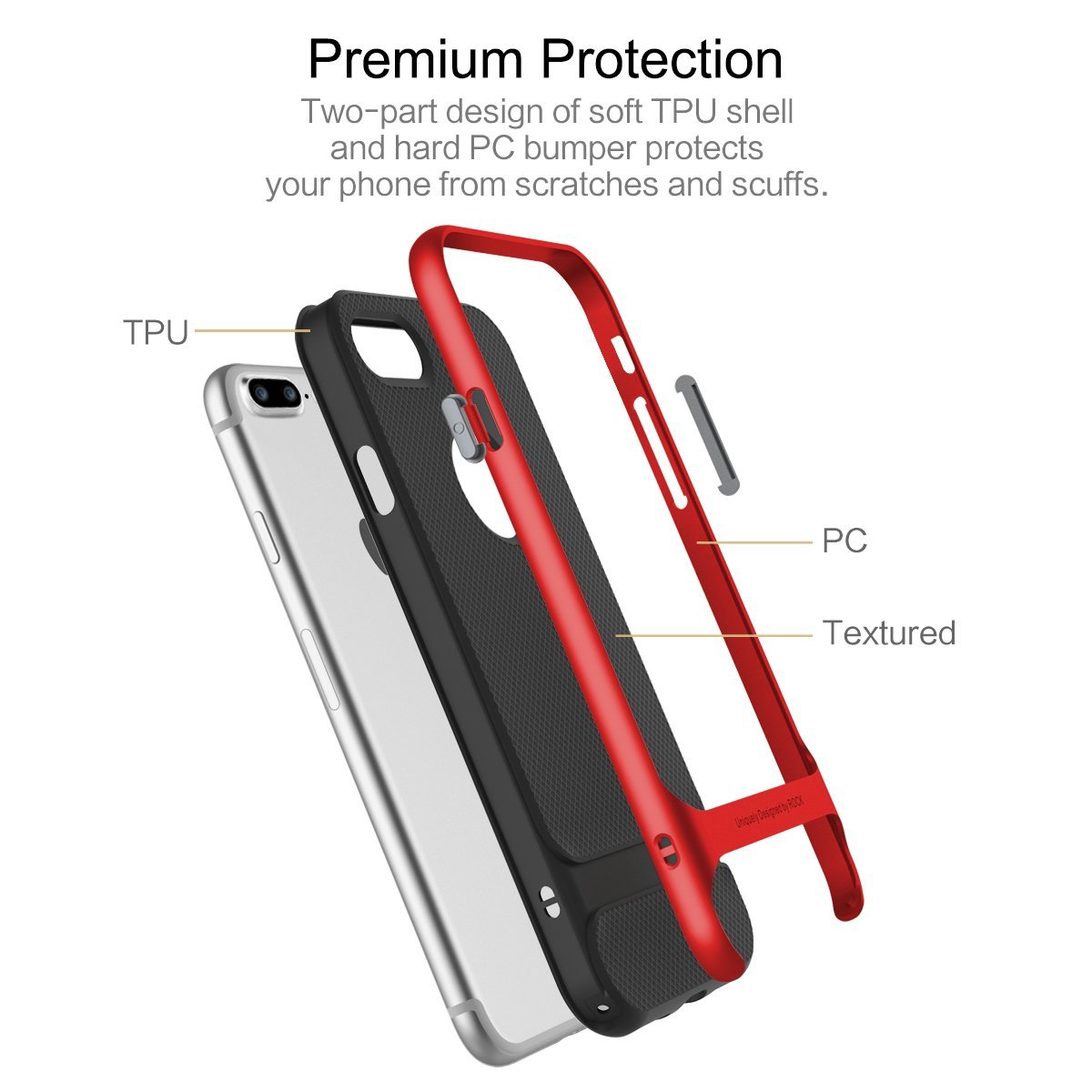 Royce Series By Rock Dual Layer Thin & Slim Shockproof Case for iPhone 7 Plus - Black/Red